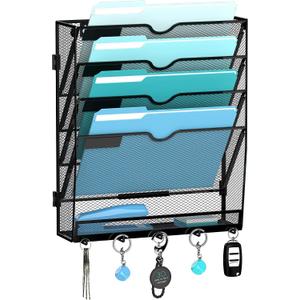 5 Tier Wall File Organizer - Hanging File Organizer with 5 Hooks, Mail Holder Wall Mounted for Papers, Folders, Magazines, Bills, Office&School Organization, Black