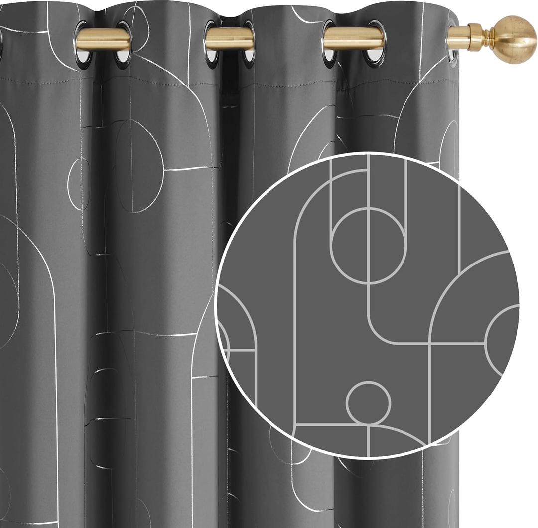 Deconovo Blackout Curtains for Bedroom & Living Room, Thermal Insulated, Room Darkening Drapes, Geometric, Grommet Top, 2 Panels, Light Grey, 52W x 84L Inch, Circle Wave