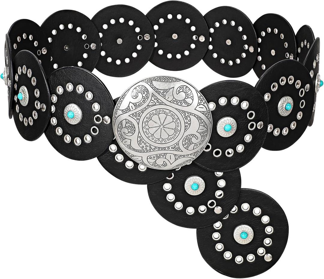 XZQTIVE Western PU Leather Belts for Woman Concho Cowgirl Cowboy Disc Belt for Ladies Wide Boho Country Waist Belts for Dress
