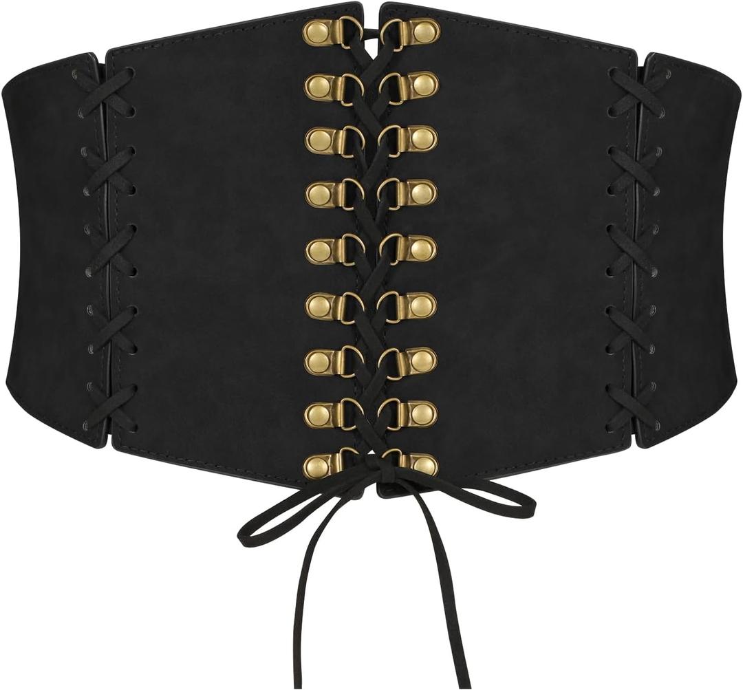 LEACOOLKEY Women's Wide Corset Belt - Vintage Elastic Waist Lace-up Tied Waspie for Dresses and Halloween Costume (Fit Waist Size 23"-26", Black)