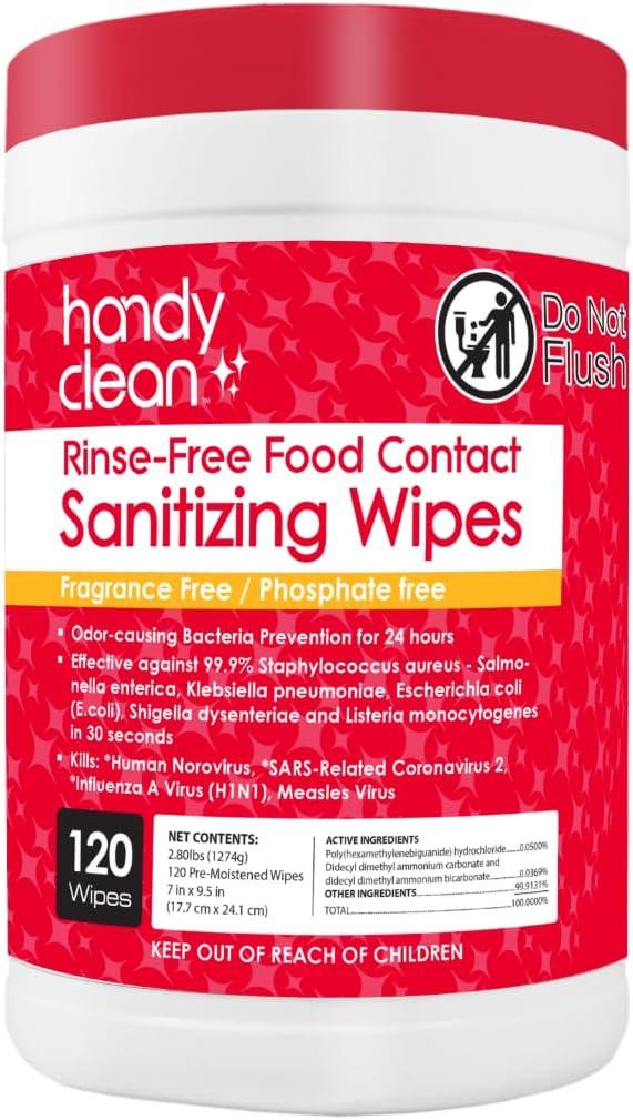 HandyClean Rinse-Free Food Contact Sanitizing Wipes Canister, Multi Surface Cleaning Supplies for Kitchen and Professional Setting One Canister (120 Wipes)