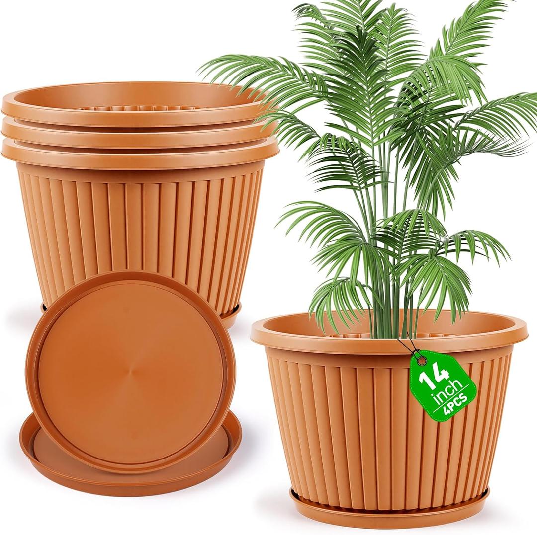 Large-Planter-Indoor-Outdoor Plant Pots, 14 inch 4 Pack Plastic Flower Pots with Saucer And Drainage Holes, Modern Garden Planters For Planting Medium Large Plants, Decorative Resin Garden Pots
