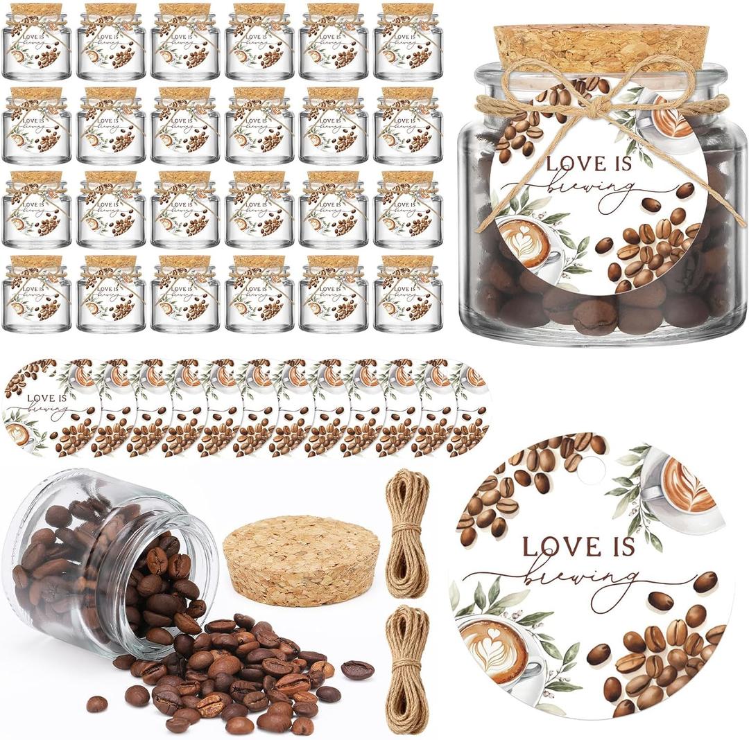 24 Sets Love Is Brewing Bridal Shower Party Favors Coffee Themed Bridal Shower Party Favors for Guests 3.4 oz Small Glass Bottles with Cork Lid Twine Labels Storage Wedding Gift