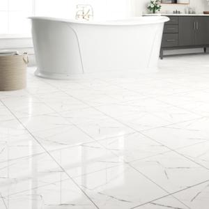 20-Pack Peel and Stick Floor Tiles Vinyl Floor 12 x 12 inch Self Adhesive Waterproof Glossy Flooring Planks DIY for Bathroom, Kitchen, Living Room, RV, Cover 20 Sq. Ft, Polish White Marble