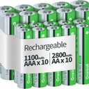20 Sets AA AAA Rechargeable Batteries, High Capacity 10-Pack AA 2800mAh & 10-Pack AAA 1100 MAh, 1.2V NiMH Low Self Discharge