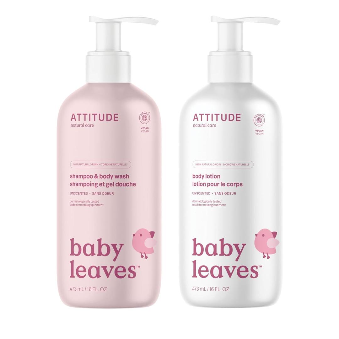 Bundle of ATTITUDE Body Lotion for Baby, EWG Verified, Dermatologically Tested, Plant and Mineral-Based, Vegan, Unscented, 16 Fl Oz + 2-in-1 Shampoo and Body Wash for Baby, Unscented, 16 Fl Oz