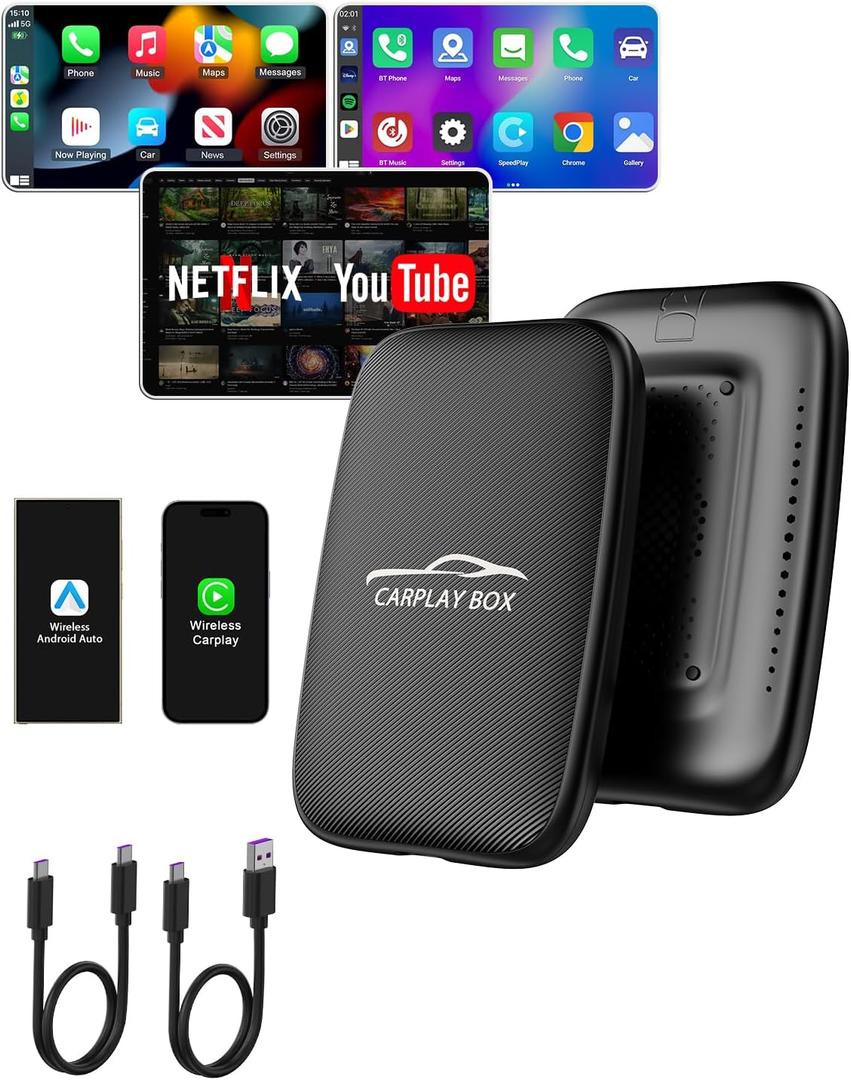 2025 New 4-in-1 Wireless CarPlay Adapter Support Netflix/YouTube/TF, Android Auto & Carplay Adapter with USB-A and USB-C Cables,Convert Wired to Wireless Apple Dongle, Video Box Car Play for iOS 10+