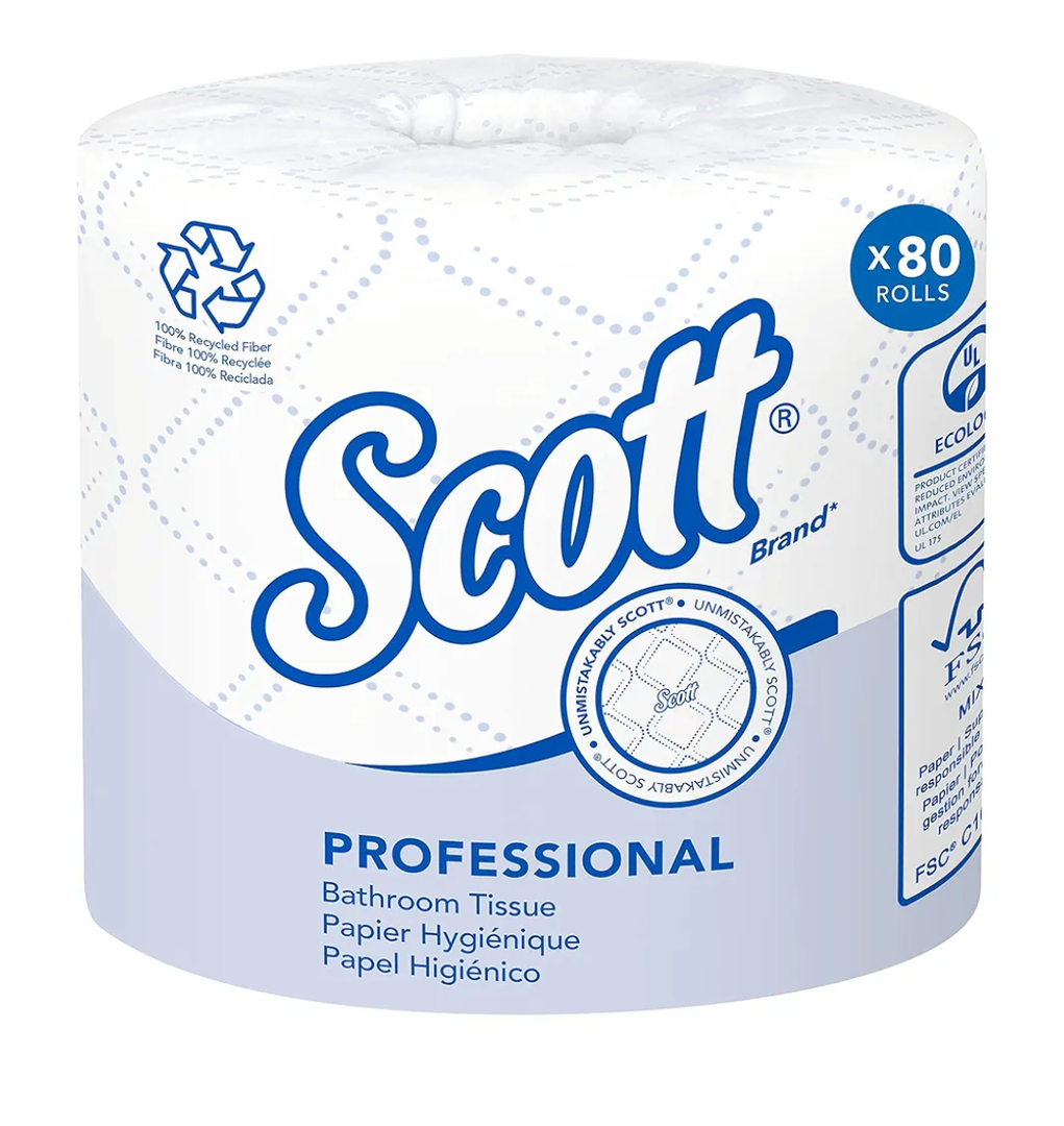 Scott Professional 100% Recycled Fiber Standard Roll Bulk Toilet Paper (13217), 2-Ply, Elevated Design, White, Individually Wrapped (80 Rolls)