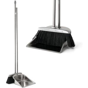 VOOWO Heavy Duty Broom and Dust pan Set, Stainless Steel Broom and Dustpan Set with Long Handle, Broom with Dustpan Set for Home Standing Dust Pan Indoor Outdoor Brooms Dustpan