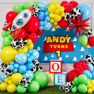 ALL-IN-1 Toy Inspired Story Balloons Arch Kit with BONUS Rocketship & Starburst balloons  Toy Balloons with Cloud & Cow for Boy Story Baby Shower Decorations & First Toy Story Birthday Party Supplies