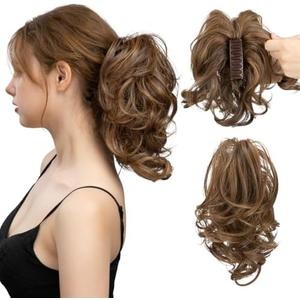 CJL HAIR Claw Clip Short Ponytail Hair Extensions DIY Bendable Metals Messy Bun Hair Piece for Wonen Wavy Curly Synthetic Fake Hairpieces Dark Brown/Golden Blonde