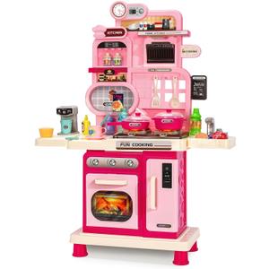 Kids Play Kitchen Playset, Pretend Cooking Stove, Recirculating Play Sink & Coffee Maker, Complete with Play Food & Accessories, Basic Cardboard Box Packaging  Not Ideal for Gifting  Pink