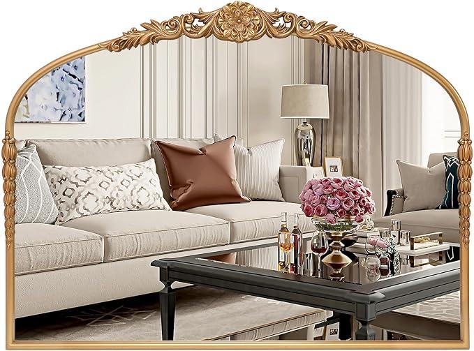 G-LEAF Vintage Baroque Mirror 40"X30",Arched Mantel Victorian Antique Farmhouse Mirror with Bronze Ornate Metal Frame for Fireplace Entryway Living Room Hallway Bathroom