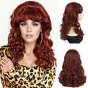 GNIMEGIL Charming Wavy Synthetic Wigs In Burgundy Color Stylish Hairpiece Long Curly Peggy Bundy Wig With Bangs Vintage Hairstyles Halloween Costume For Women
