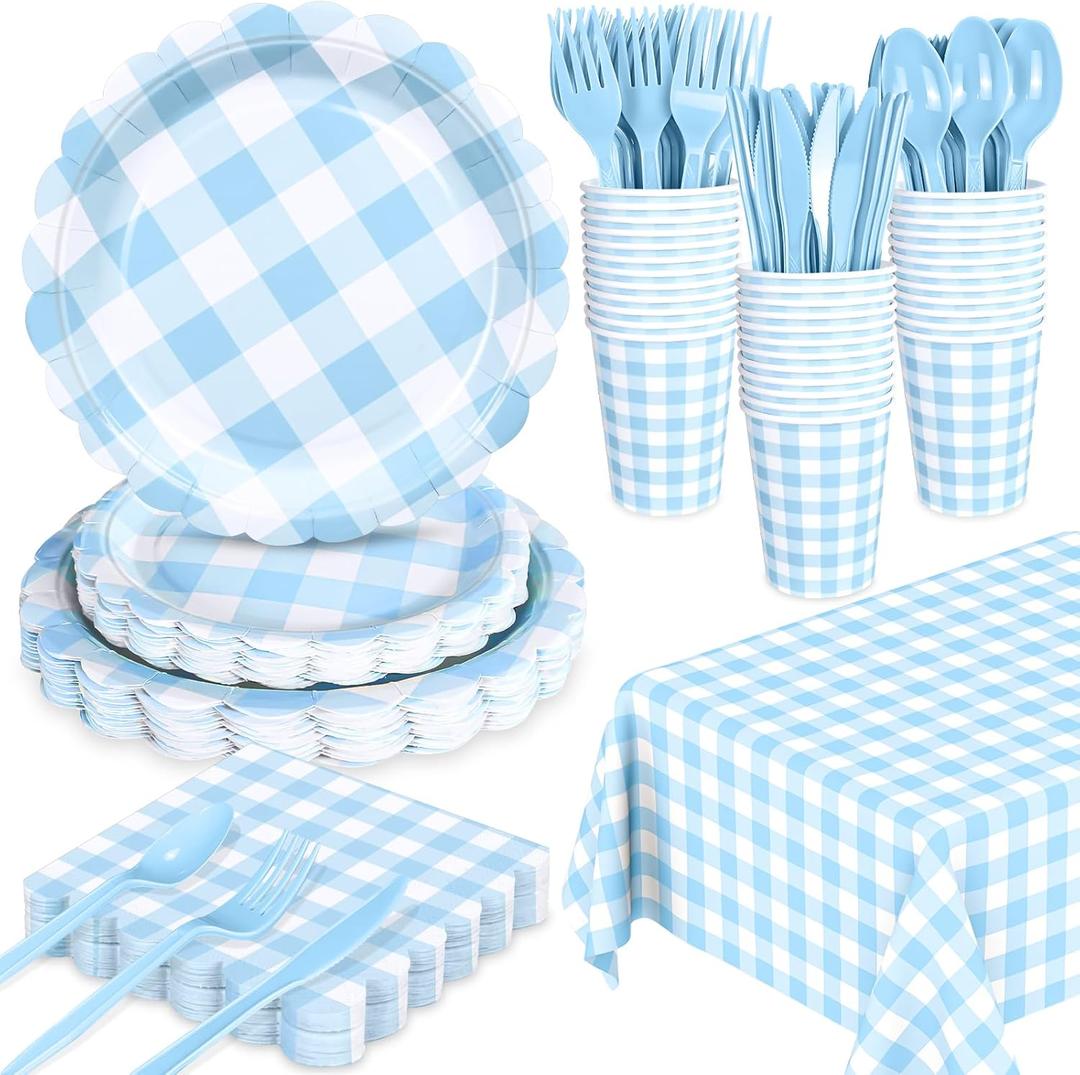 WNINK 176 PCS Light Blue Gingham Plates and Napkins, Blue Checkered Disposable Plates Set with Napkins Cups Plastic Spoons Forks Knives for Dinner Birthday Baby Shower Wedding Supplies Serve 25 Guests