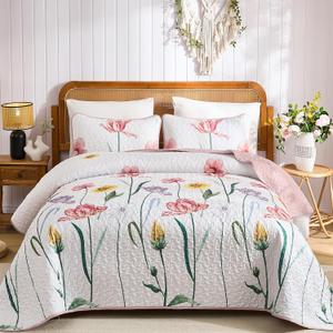 WONGS BEDDING Pink Quilt Set Queen,3 Pieces Colorful Delicate Floral Bedspread Set, Soft Lightweight Reversible Bedding Coverlet with 2 Pillowcases(96"x90")