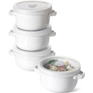 LE TAUCI Soup Bowls With Handles 28 oz and Silicone Lids, French Onion Soup Bowl for Chili, Beef Stew, Cereal, Ceramic Soup Crocks oven Safe, Microwave Dishwasher Safe - 5.5 inch, Set of 4, White