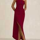 PRETTYGARDEN Women's Ruched Bodycon Dresses Summer Off Shoulder Asymmetrical High Split Elegant Cocktail Party Dress (Red, Large)