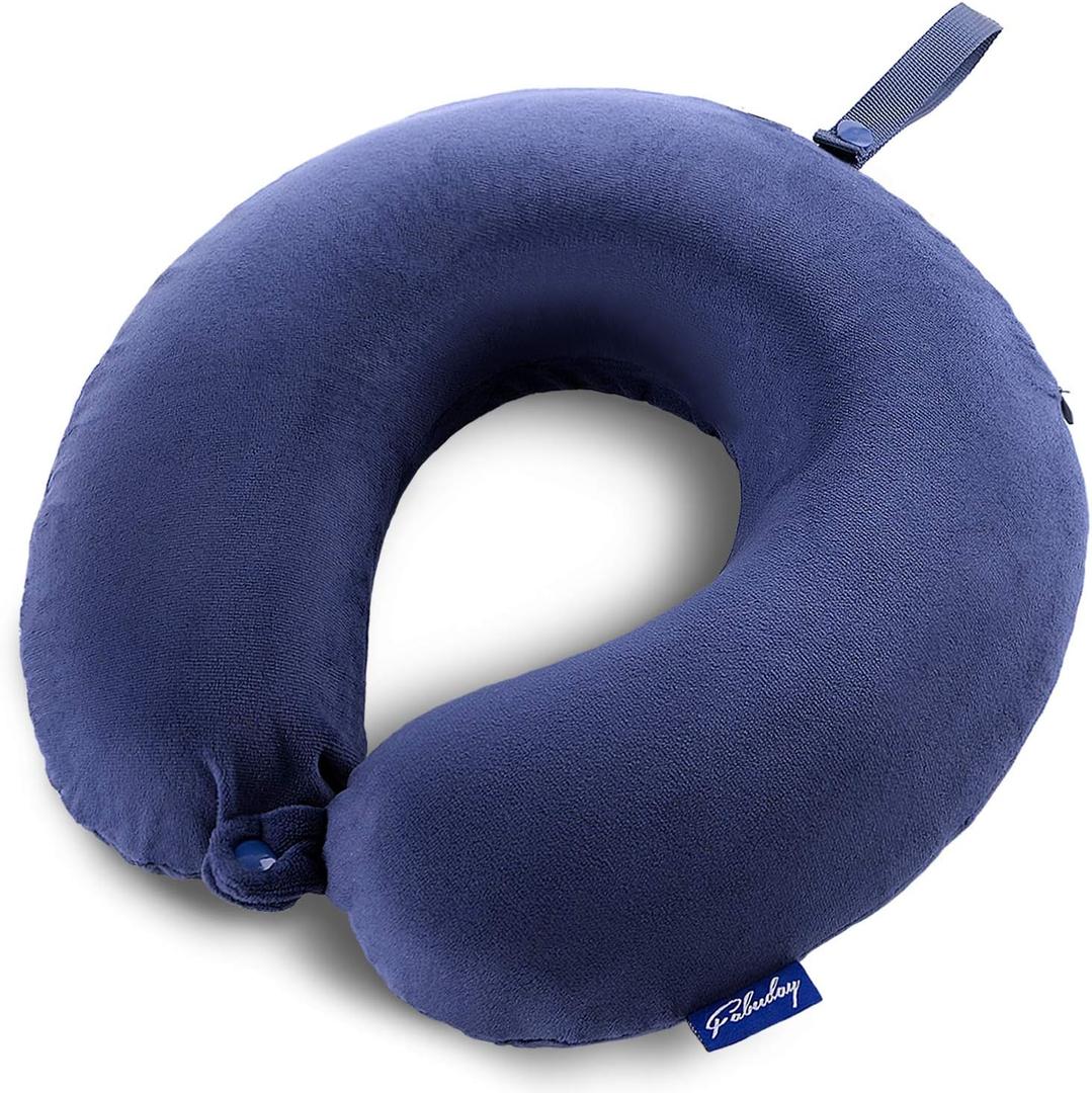 Fabuday Travel Pillow Memory Foam - Head Neck Support Airplane Pillow for Traveling, Car, Home, Office, Travel Neck Flight Pillow with Attachable Snap Strap Soft Washable Cover (Blue)