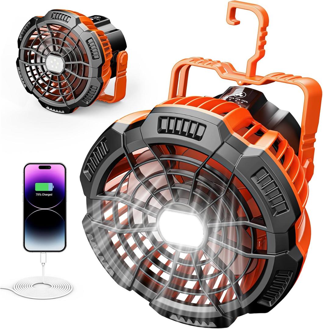 Portable Camping Fan & Lantern, (40H Max Working) Rechargeable Battery Operated Fans & Hook, 15000mAh Glamping Tent Hanging Fan for Car Camping Essentials Accessories,Hiking,Hurricane Survival Gear