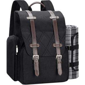 Picnic Backpack for 4 Person with Large Insulated Cooler Bag, Picnic Basket Set with Wine Pouch, Waterproof Picnic Blanket & Cutlery Set. Perfect for Beach, Camping, Party,Wedding Gift for Couple. (Black)