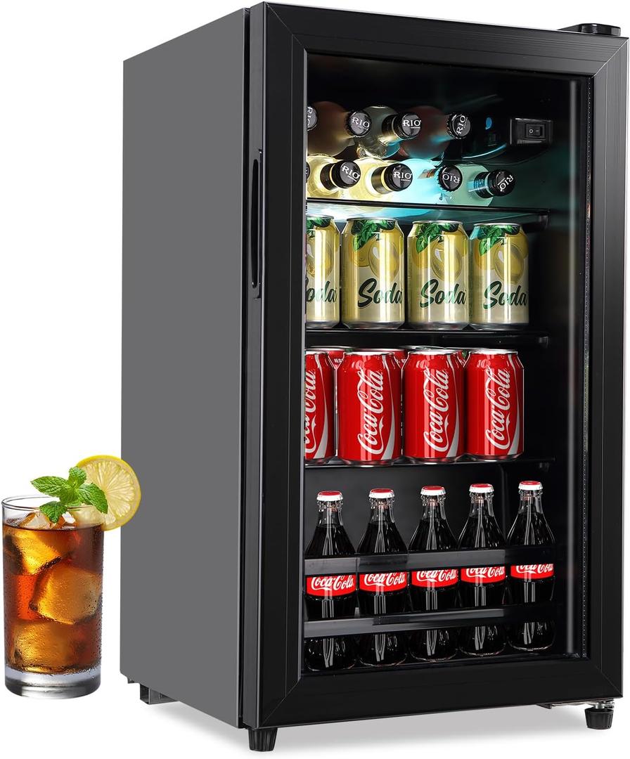 Mini Fridge with Glass Door, 3.0 Cu.ft Small Beverage Refrigerator for Bedroom, Office, Bar, Living Room, RV - Compact Drink Fridge for Soda, Beer - Adjustable Temperature Control, Black