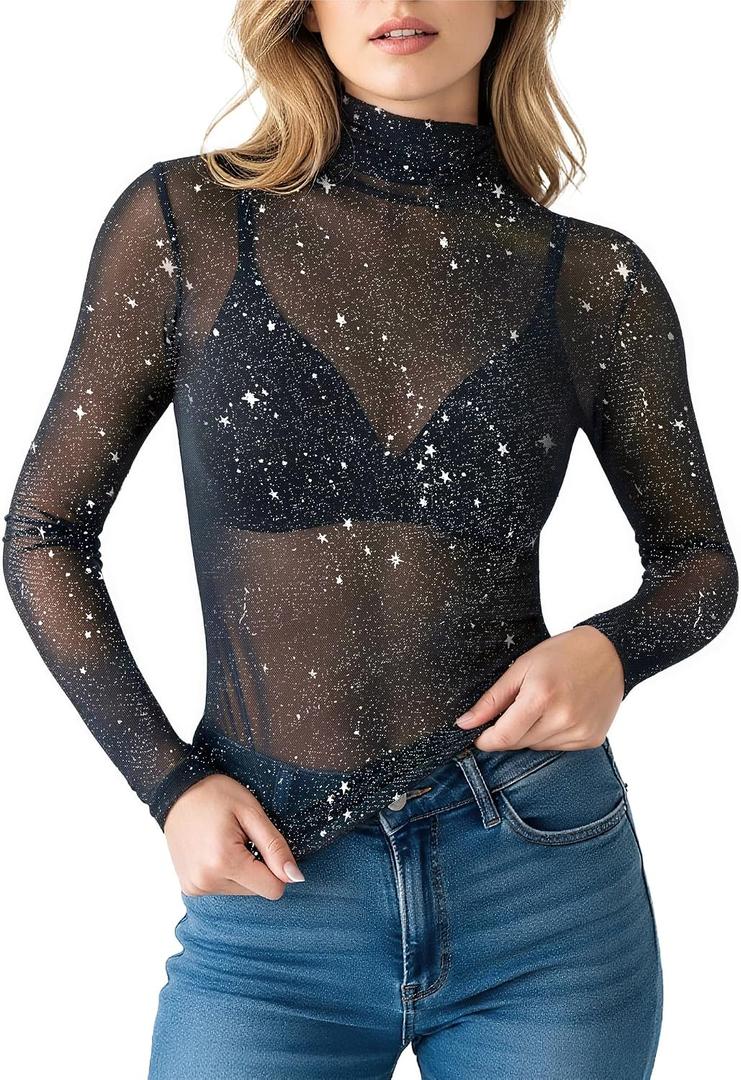 MANGOPOP Women's Glitter Mesh Top Long Sleeve Sexy See Through Sheer Stretchy Sparkly Going Out Tops (XS)