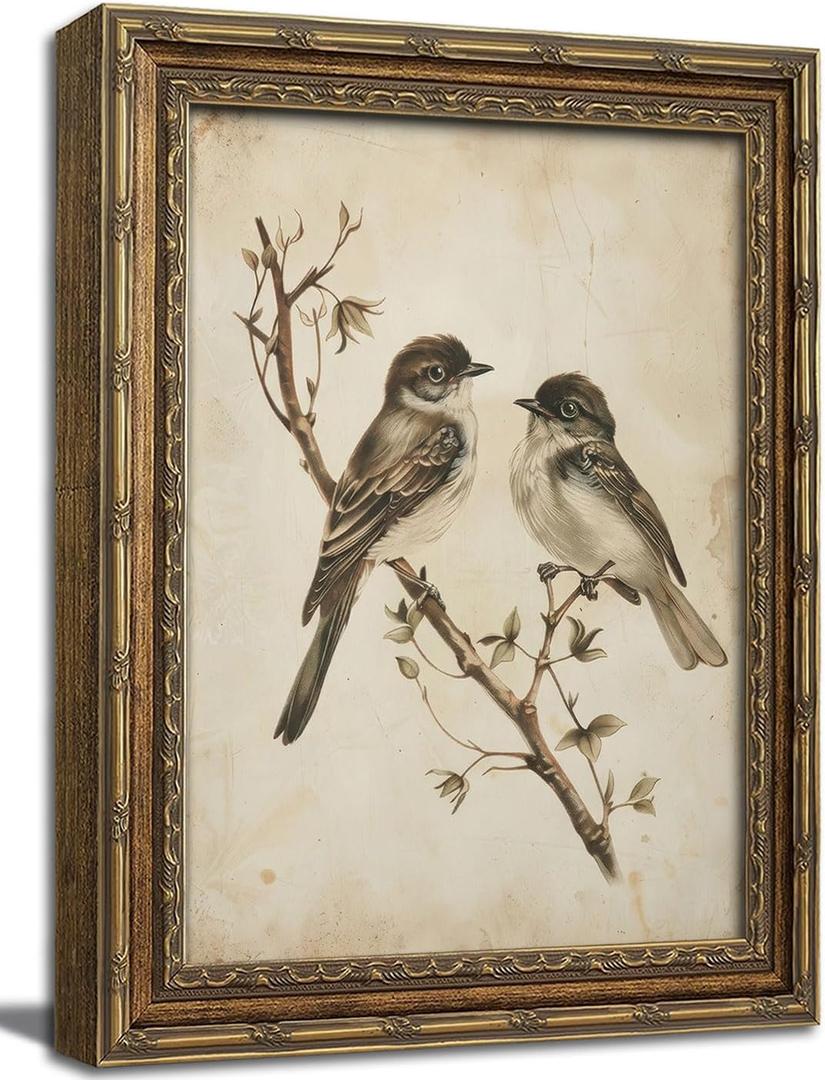 Vintage Gold Framed Wall Art Neutral Summer Bird Wall Art Vintage Botanical Birds Nature Wall Decor Picture Rustic Cottage Gallery Poster Print for Living Room Bedroom 12x16in