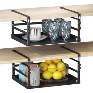 HENGI 2 Pack Adjustable Under Shelf Storage, Heavy Duty Metal Basket Organizer for Kitchen Cupboard Cabinet Pantry Laundry Desk Bookshelf, Black