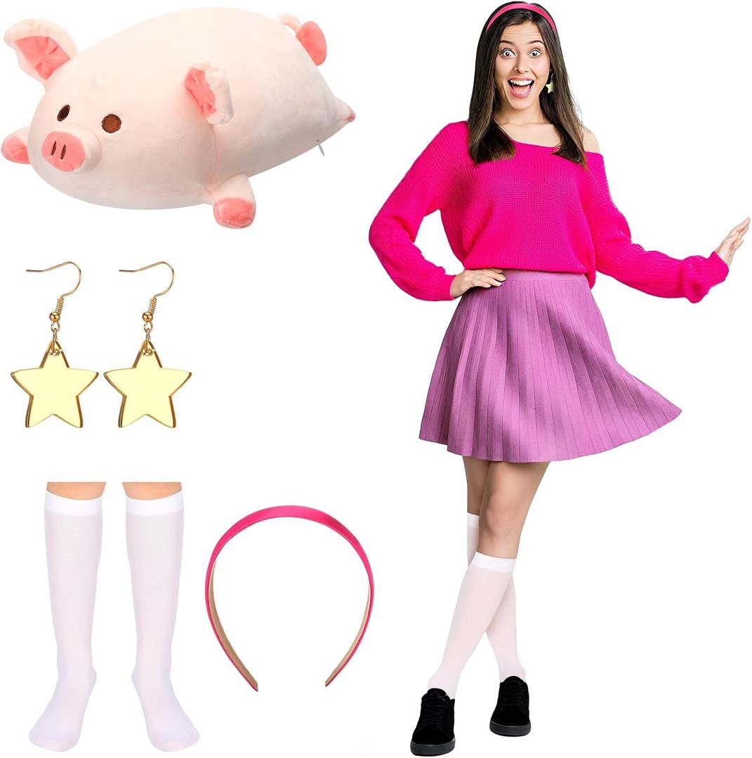 4 Pcs Halloween Women Costume Accessories with Hot Pink Headband Pig Star Earrings White Socks for Cosplay