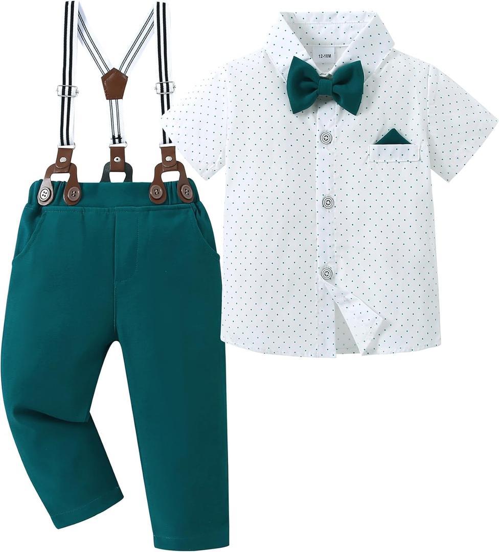 DISAUR Baby Boy Clothes Suits Toddler Dress Shirt With Bowtie Suspender Pants Outfit Sets Gentleman Wedding (18-24 Months, Z Lake Green 1)