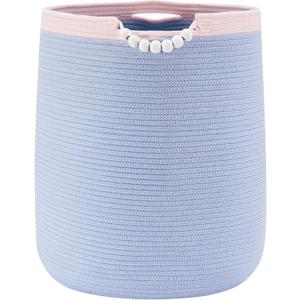90L Large Blue Woven Rope Laundry Hamper Basket for Clohtes Boho Tall Rope Baskets for Blanket Baby Nursery Hamper for Girls Kids 17"Wide 22"Tall