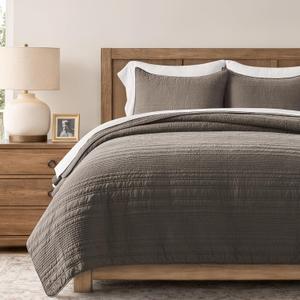 EVERGRACEHOME 100% Cotton Modern Lines Quilt Set Queen Size, Pre-Washed Soft Striped Coverlet Bedspread, 3 Piece Lightweight Bedding Set for All Season, with 2 Pillow Shams, Mushroom Brown