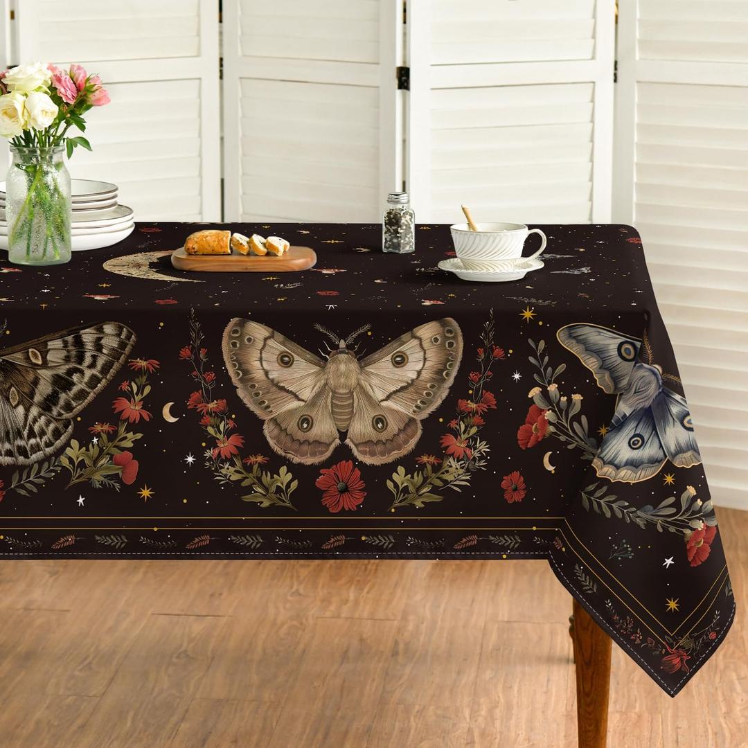 Horaldaily Butterflies Stars Moon Tablecloth 60×84 Inch Rectangular, Black Gothic Vintage Style Washable Table Cover for Party Dinner Patio Garden Picnic