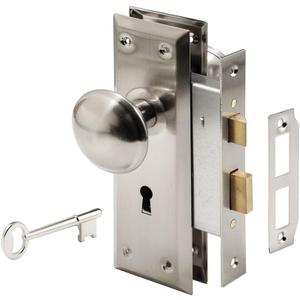 Prime-Line E 2330 Mortise Keyed Lock Set with Satin Nickel Knob Perfect for Replacing Broken Antique Lock Sets and More, Fits 1-3/8 In.-1-3/4 In. Interior Doors, Satin Nickel (Single Pack)