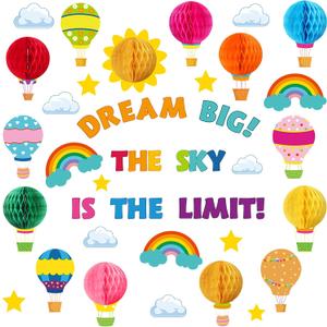 Funrous 82 Pcs Colorful 3D Hot Air Balloon Honeycomb Bulletin Board Set Hot Air Balloon Cloud Rainbow Sun Cutouts Honeycomb Bulletin Board for Preschool Kindergarten Back to School Classroom Supplies