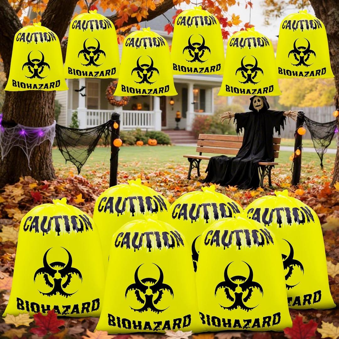 2 x 12 Pcs Large Halloween Leaf Bags Biohazard Halloween Decorations Halloween Trash Bags for Leaves Plastic Yard Lawn Waste Bag Scientist Biohazard Bag Outdoor Biohazard Zombie Party Decorations (Yellow)