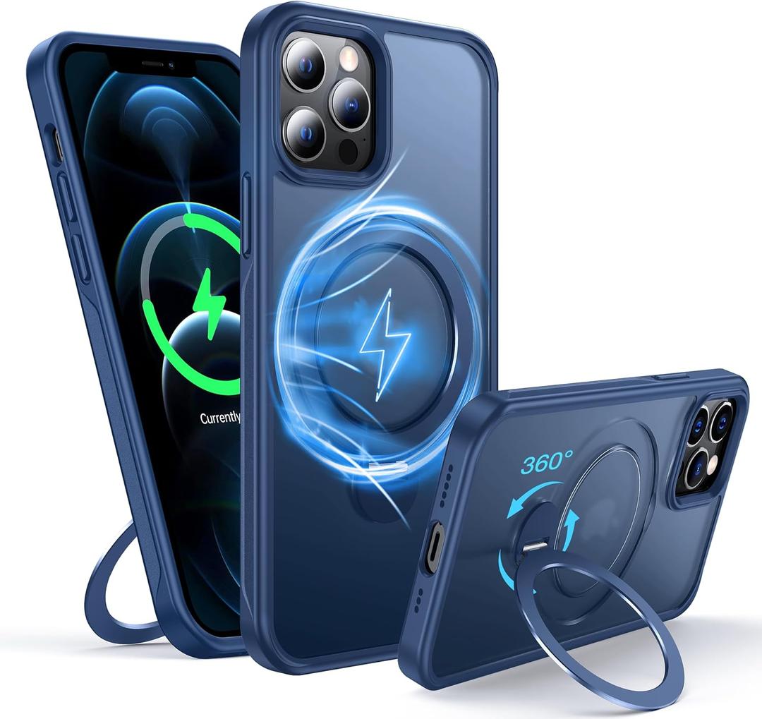 360Rotatable Magnetic Ring for iPhone 12 Pro Max Case Compatible with MagSafe [Non-Slip Texture Edge][Built-in Kickstand][Military Shockproof] Translucent Matte Soft Silicone Bumper Slim,Blue