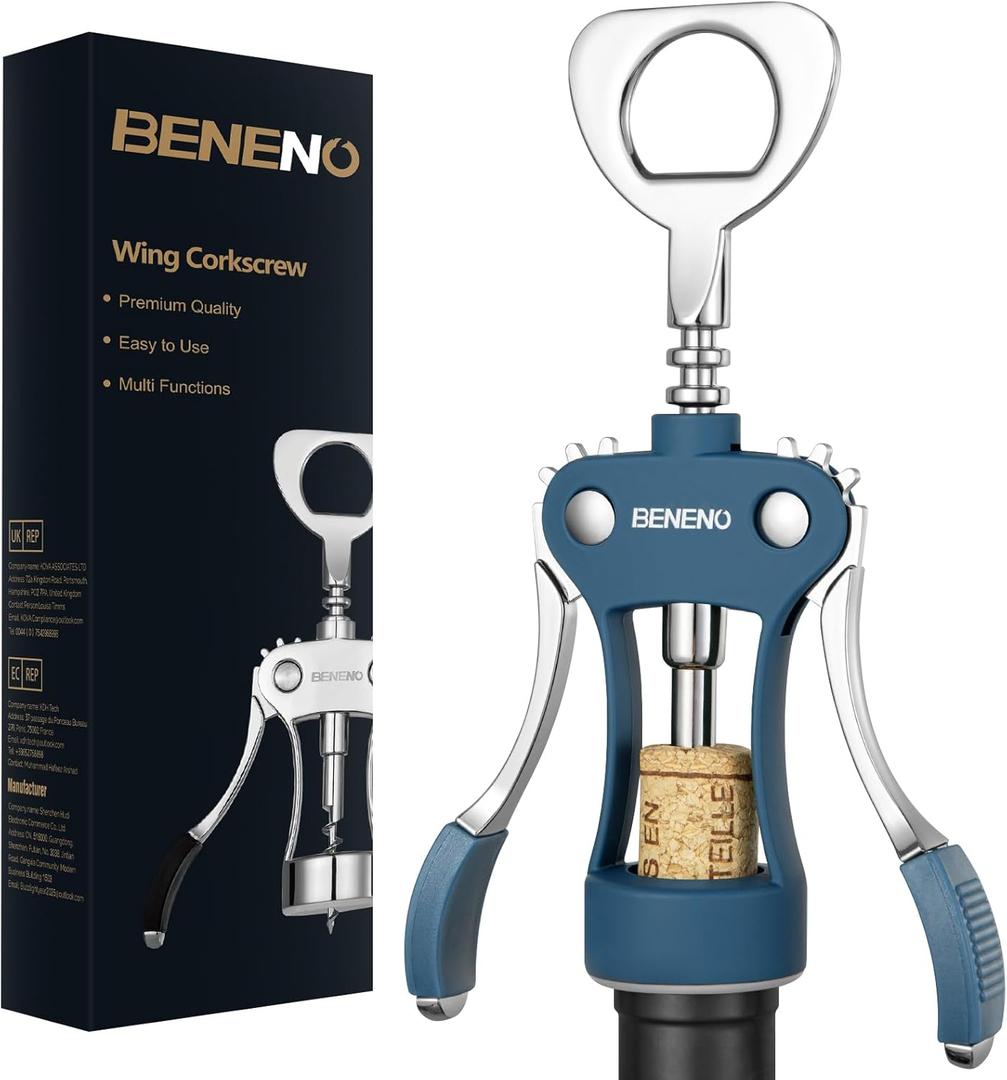 Beneno Opener, Zinc Alloy Premium Wing Corkscrew with Multifunctional Bottles Opener, Sharp Corkscrew with Ergonomic Non-Slip Wing Handle
