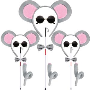 Mouse Costume Ears-Headband-Tail-Bow-Tie Accessories Set : 3 Pcs Standing Up Grey and Pink Ears Headband and Tail, Bow Tie Blind Cane Mouse Halloween Accessories Set - for Toddlers and Kids(Three Pcs)