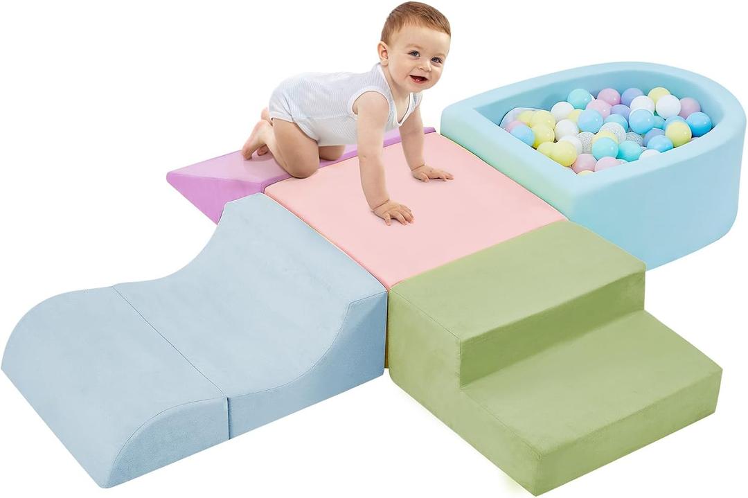 QUCHI 5-Piece Climbing Toys for Toddlers, Toddler Climbing Toys Indoor with Foam Ball Pit (Balls not Included), Soft Foam Climbing Blocks Set Indoor Play Gym for Crawling and Sliding (Purple/Pink)