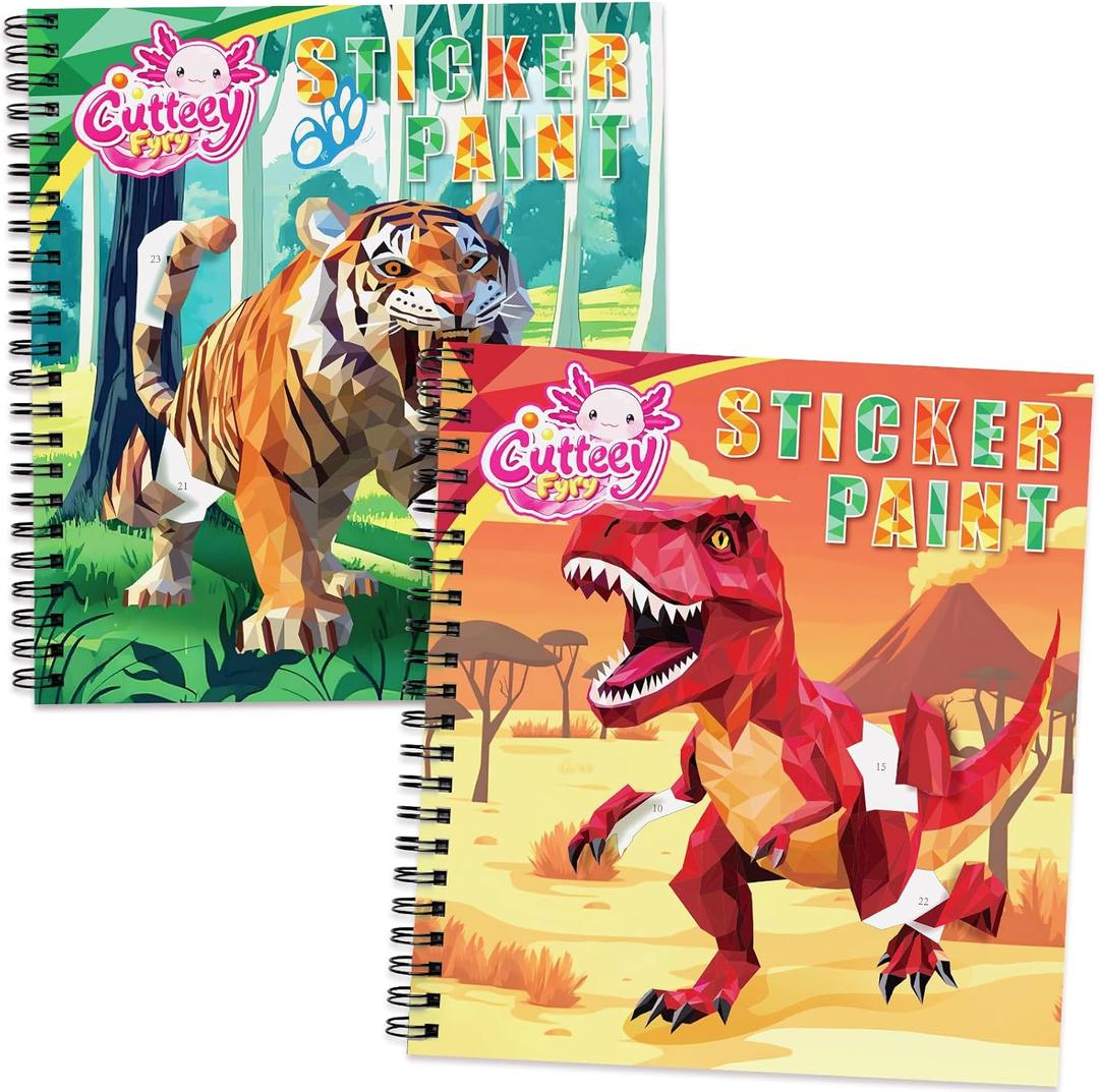 CutteeyFyry 2PCS Paint by Number Sticker Book Travel Activities for Kids Ages 4-10, Road Trip and Airplane Toys for Long Car Rides, Birthday Present, Preschool Classroom Party Gifts (Fierce Animals,dinosaurs)