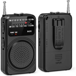 Tendak Portable Radio AM FM, Pocket Radio with Flashlight, Tuning Light, Back Clip, Headphone Jack and Excellent Reception, Battery Operated Radios for Home, Outdoor, Emergency - Black