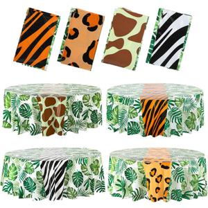 Oudain 4 Pack Animal Safari Tablecloth 84 x 84 Inch Round Jungle Theme Table Cover Tropical Leave Tiger Zebra Giraffe Print Plastic Tablecloth for Birthday Baby Shower Zoo Safari Party Supplies