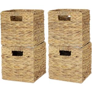 4 Pack 9in Wicker Storage Cubes, Water Hyacinth Baskets, Foldable Wicker Baskets, Storage Basket with Built-in Handles, Handwoven Natural Basket for Shelves, Outdoor