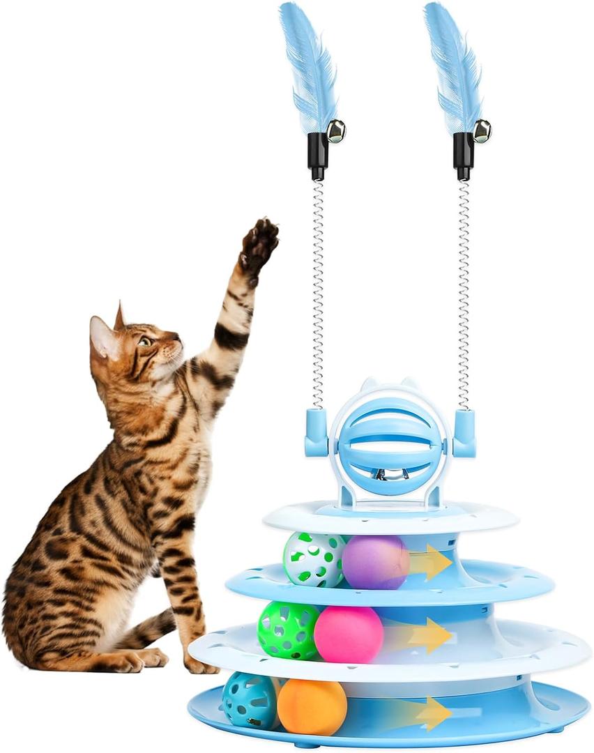 Goosheep Cat Toy Interactive Pet Plaything for Indoor Kitten Interactive Kitty Puzzle Ball with 2 Cat-Tease (Blue)