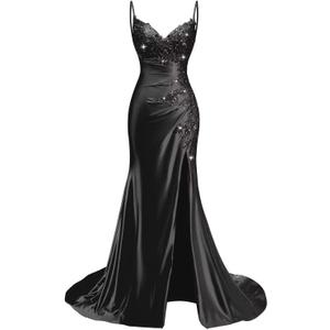 Lace Applique Satin Prom Dresses for Women 2026 Mermaid V Neck Ruched Spaghetti Strap Formal Evening Gown with Slit (4, Black)
