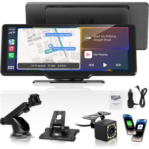 Portable Carplay Screen for Car, 10.26" Wireless Carplay Car Stereo & Android Auto, OTA Updates, Car Play Touchscreen with 1080P Backup Camera,GPS Navigation,Voice Control,5.0 Bluetooth (10.26inch)
