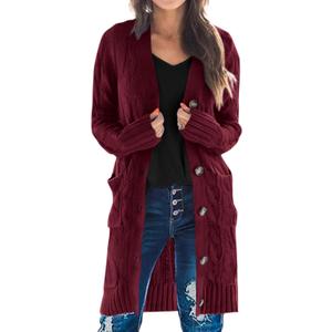 PRETTYGARDEN Long Sleeve Cable Knit Long Cardigan for Women 2025 Fall Winter Chunky Open Front Button Sweaters with Pockets (Medium, Red)