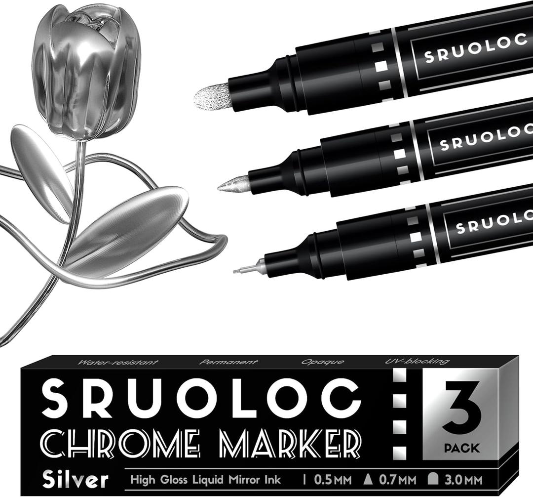 3Pcs Liquid Chrome Paint Markers, Oil-based Permanent Chrome Maker, Gloss Mirror Marker Repairing, Reflective Metallic Pen Markers for Touch Up Model Painting DIY Art Projects, Silver